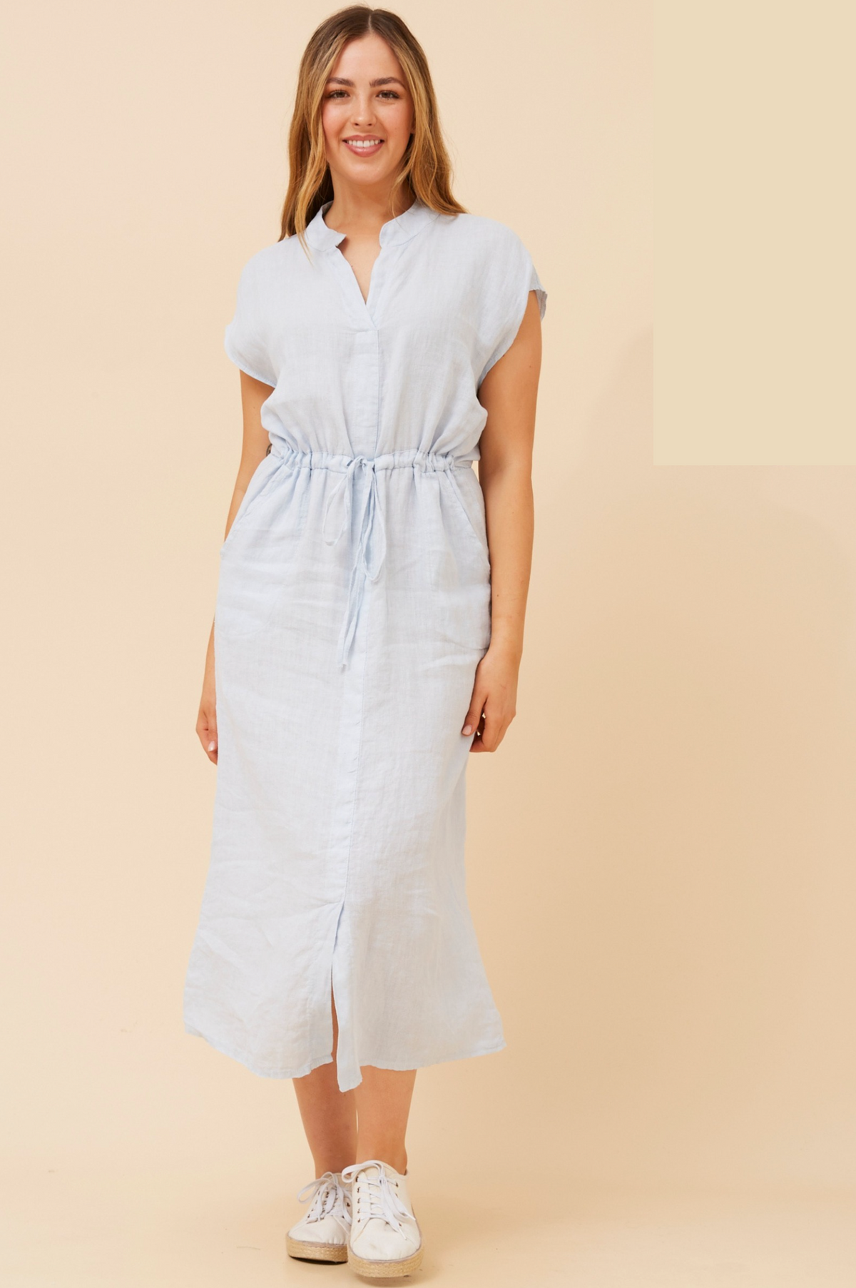 Bottega Moda Cap Sleeve Solid Midi Dress With Front Tie in Light Blue