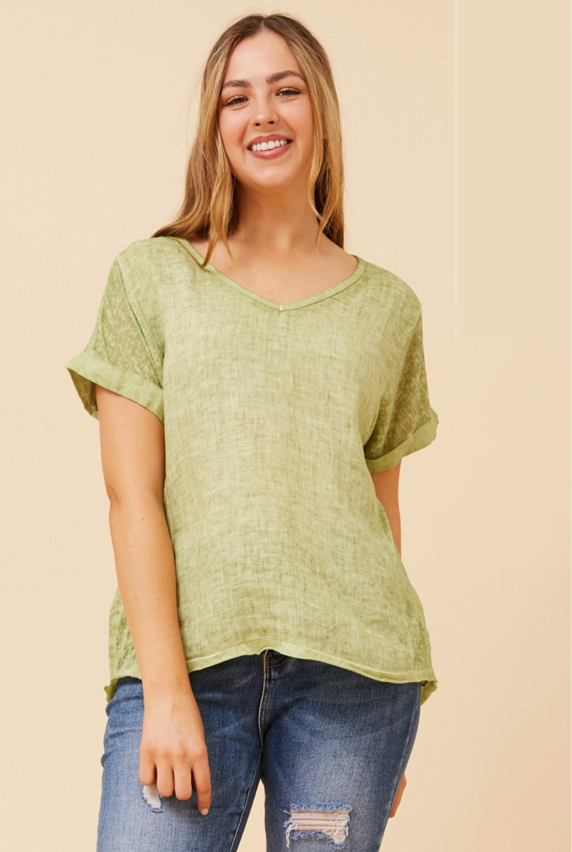 Bottega Moda Short Sleeve V Neck Top in Pistachio