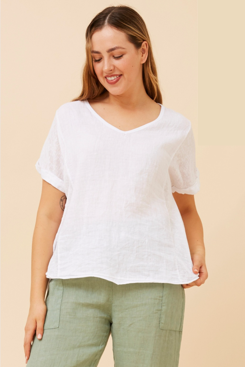 Bottega Moda Short Sleeve V Neck Top in White.