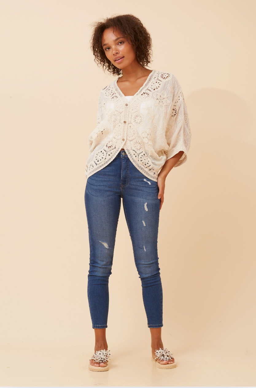 Caroline Morgan 3/4 Sleeve Embroidered Cardigan in Beige