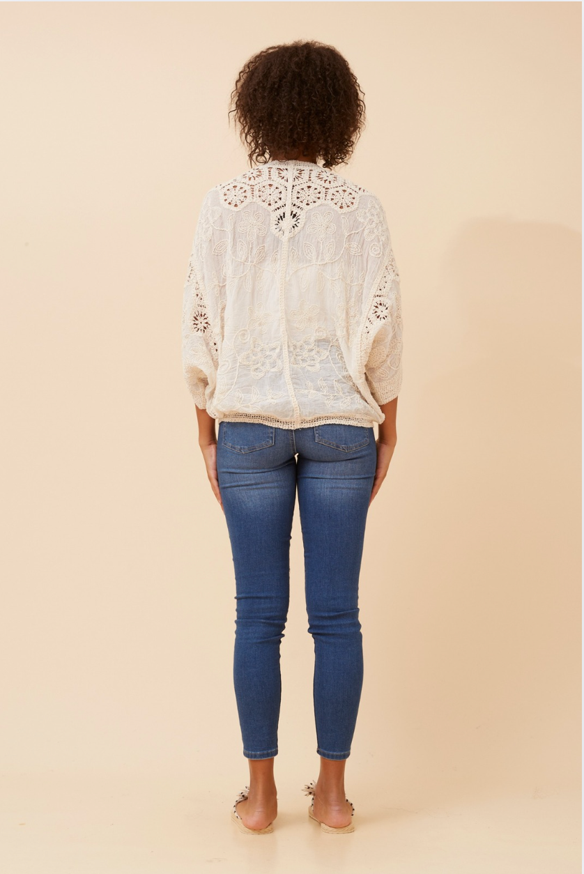 Caroline Morgan 3/4 Sleeve Embroidered Cardigan in Beige