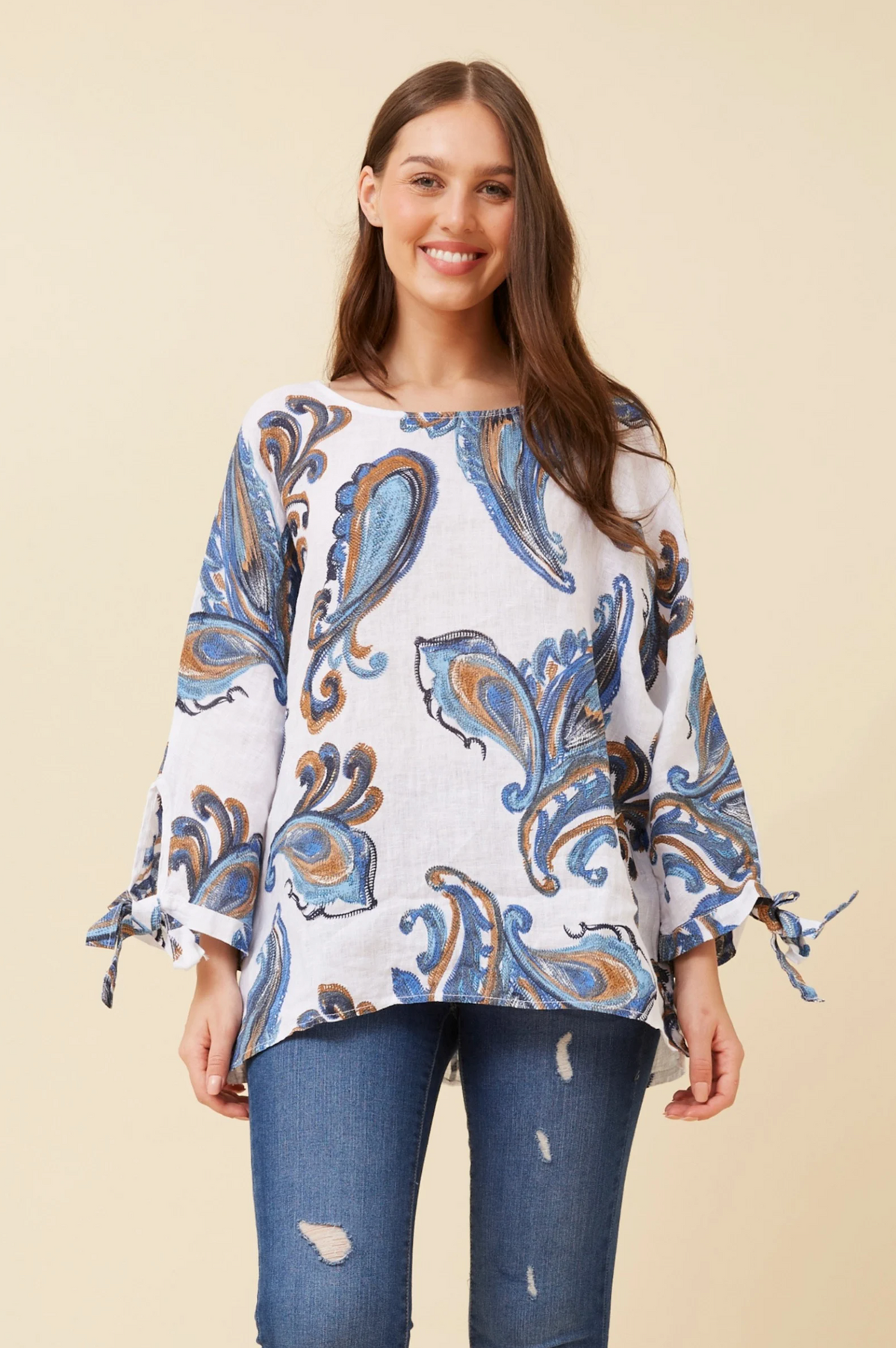 Bottega Moda 3/4 Sleeve Paisley Linen Top in White