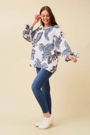 Bottega Moda 3/4 Sleeve Paisley Linen Top in White