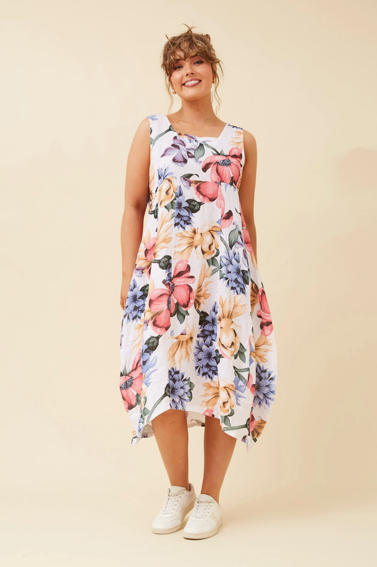 Bottega Moda Sleeveless Linen Printed Dress in Multi White
