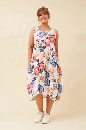 Bottega Moda Sleeveless Linen Printed Dress in Multi White