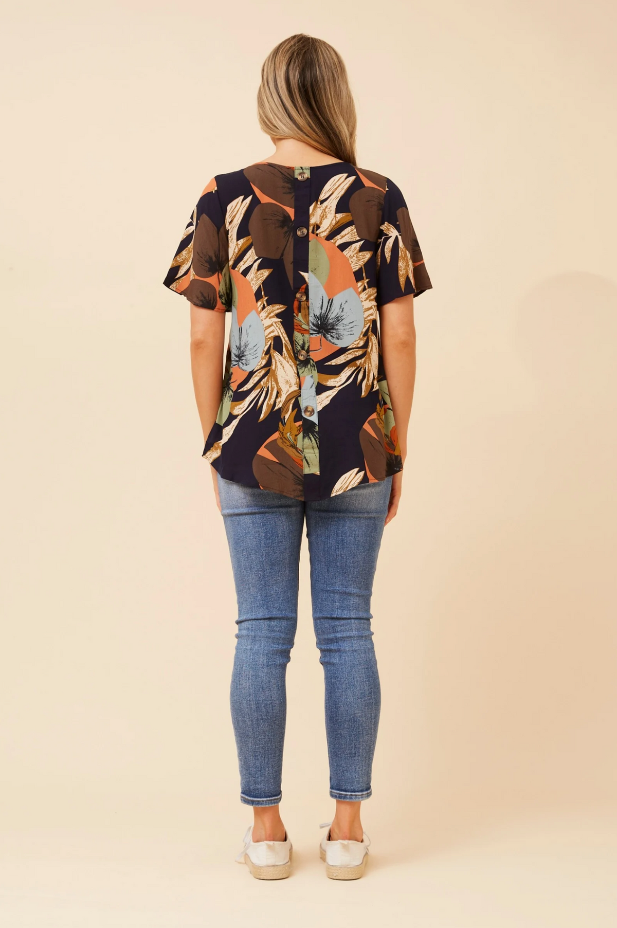 Caroline Morgan Short Sleeve Floral Print Top with Back Button Detail