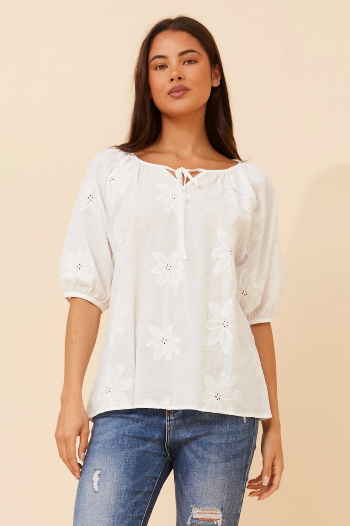 Caroline Morgan Short Sleeve Embroidered Top in White