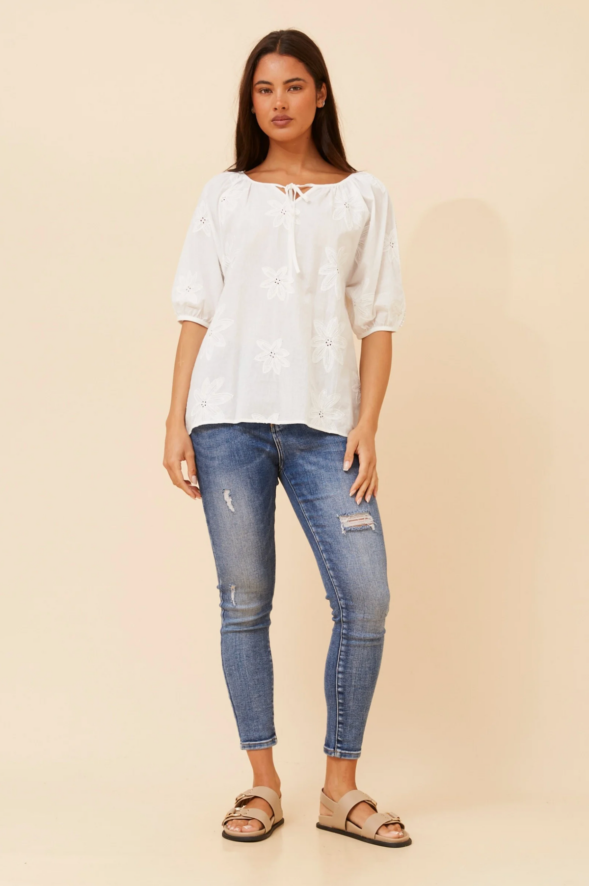 Caroline Morgan Short Sleeve Embroidered Top in White