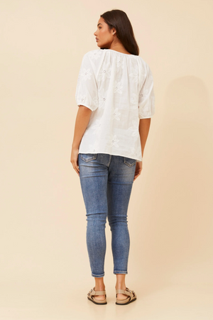 Caroline Morgan Short Sleeve Embroidered Top in White