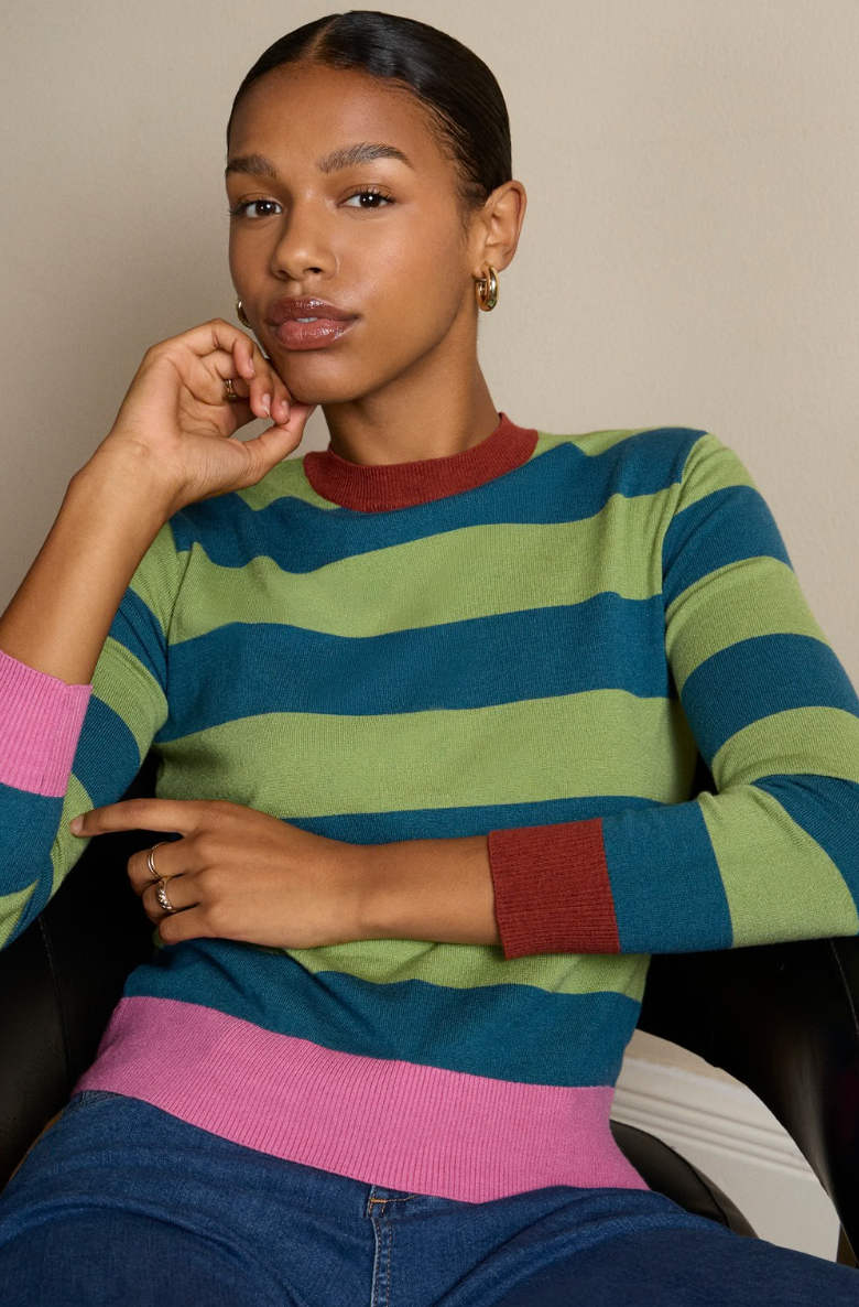 Surkana Knit Striped Sweater with Contrast Trims in Green
