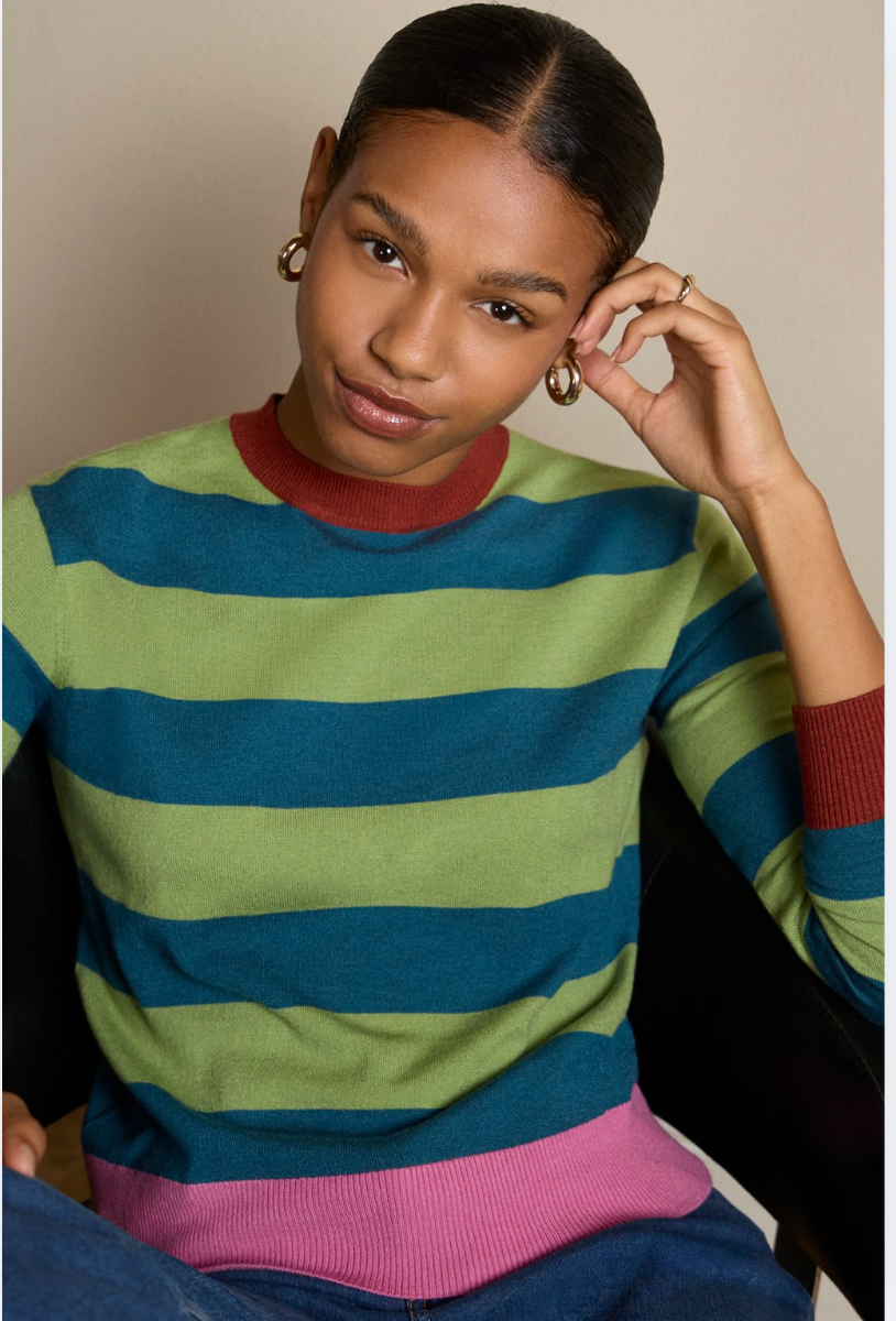 Surkana Knit Striped Sweater with Contrast Trims in Green