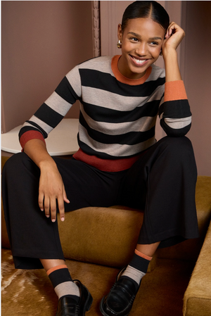 Surkana Knit Striped Sweater with Contrast Trims in Black