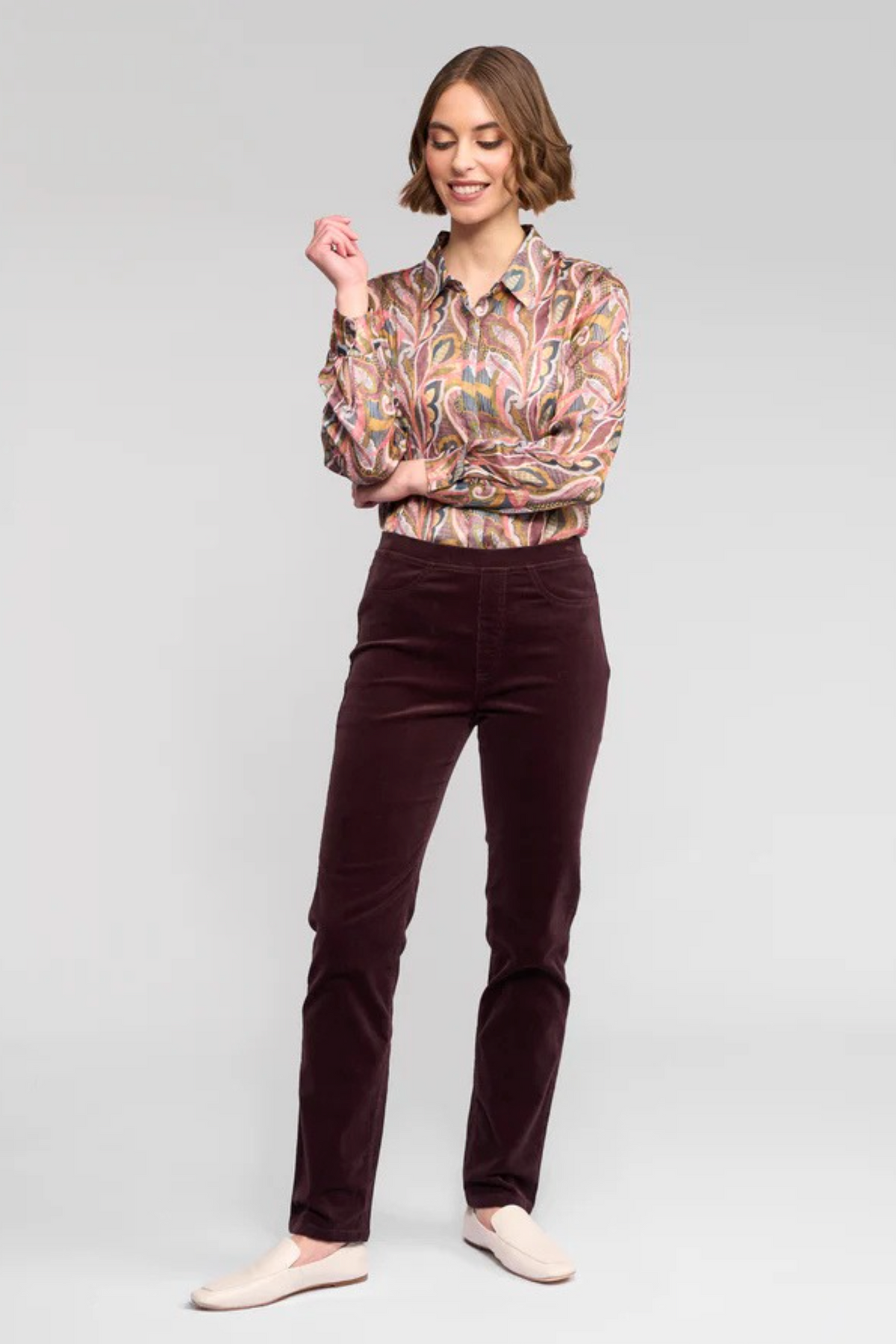 Vassalli Bay Cord Pull on Slim Leg Full Length Pant in Merlot BESTSELLERS