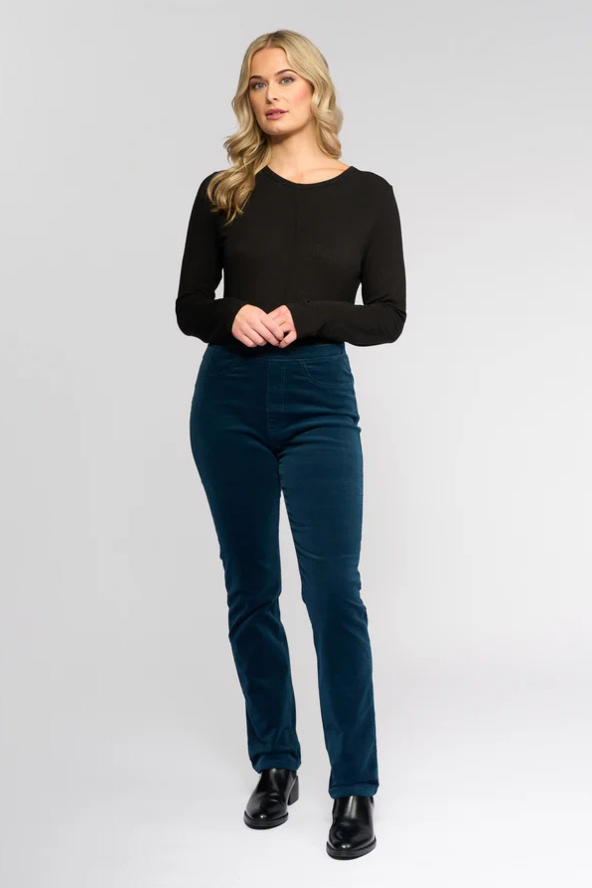 Vassalli Bay Cord Pull on Slim Leg Full Length Pant in Petrol BESTSELLERS