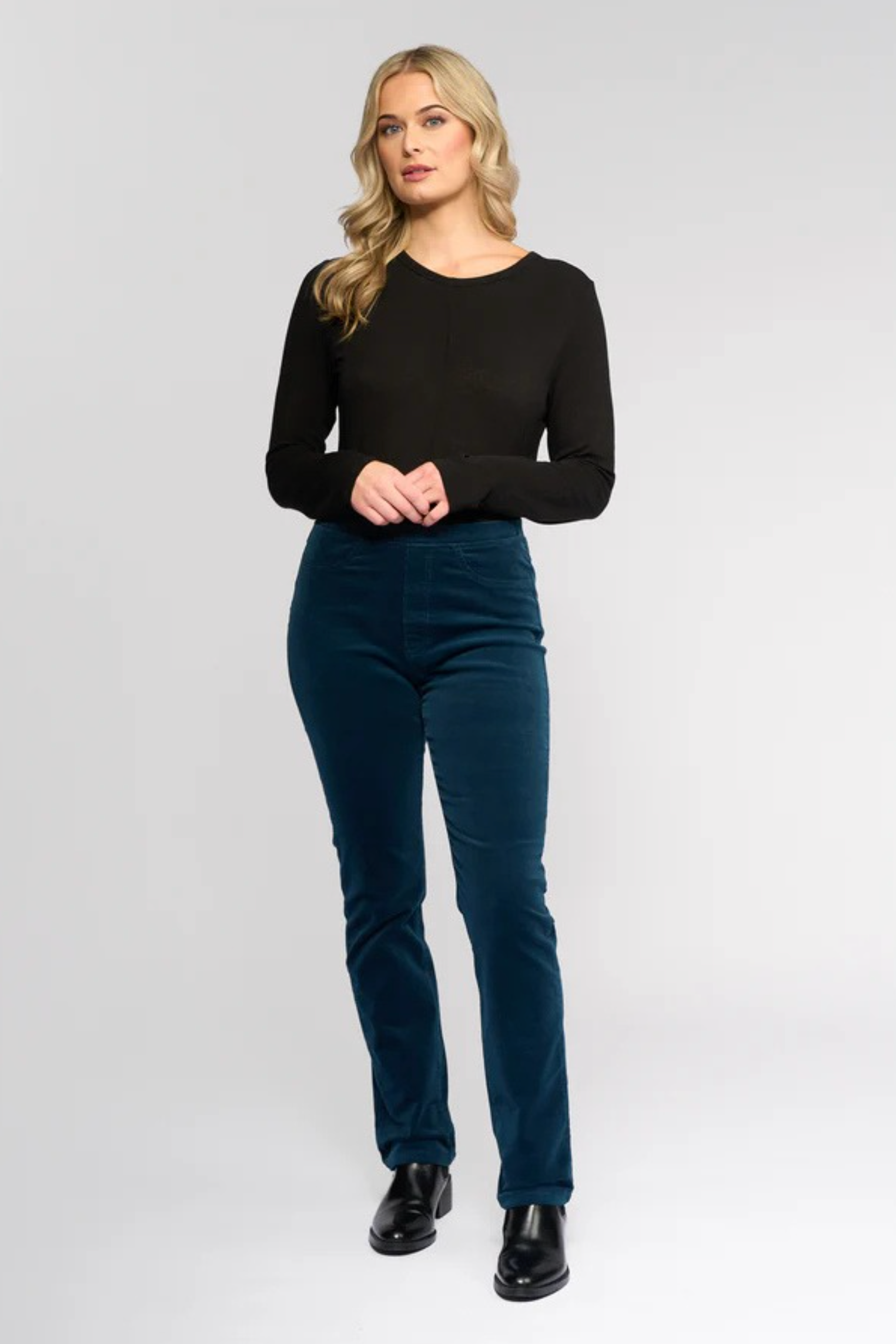 Vassalli Bay Cord Pull on Slim Leg Full Length Pant in Petrol BESTSELLERS