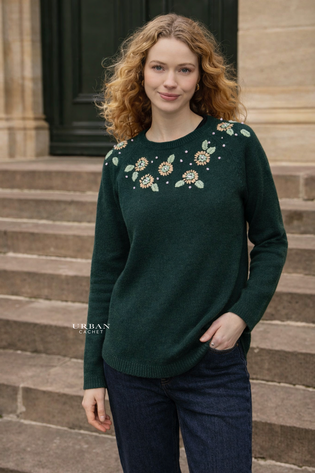 Mansted Denmark Flower Lambswool Posy Crew in Cold Green