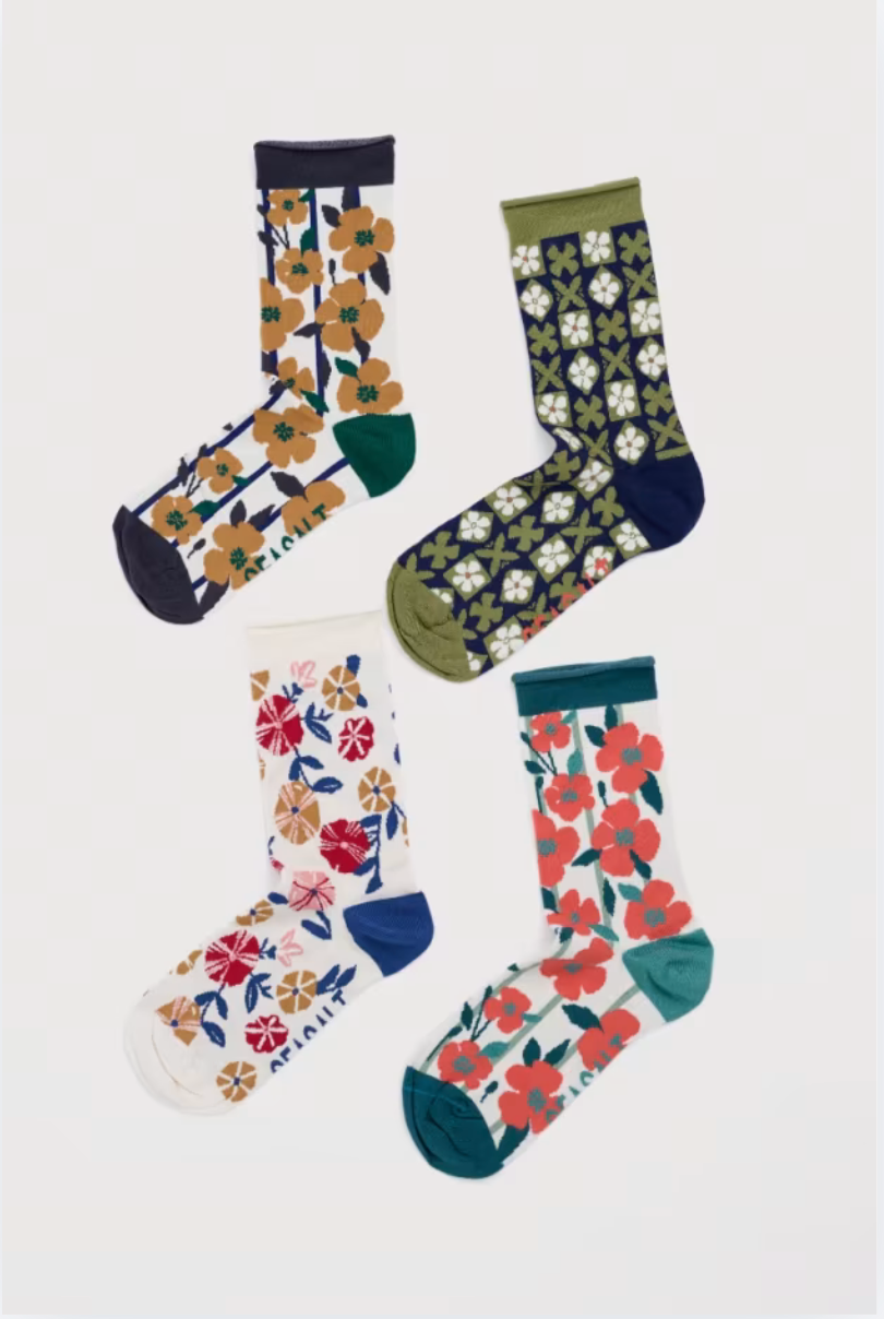 Seasalt Cornwall Gift Box of 4 Women's Arty Socks in Floral Astrantia Mix
