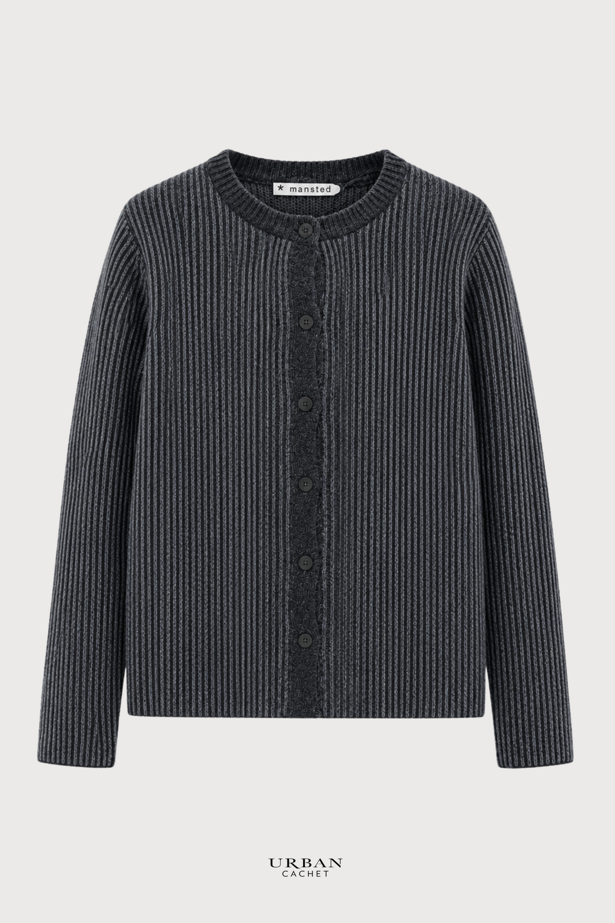 Mansted Denmark Sol Lambswool Behind Bars Crew Cardigan in Dark Charcoal
