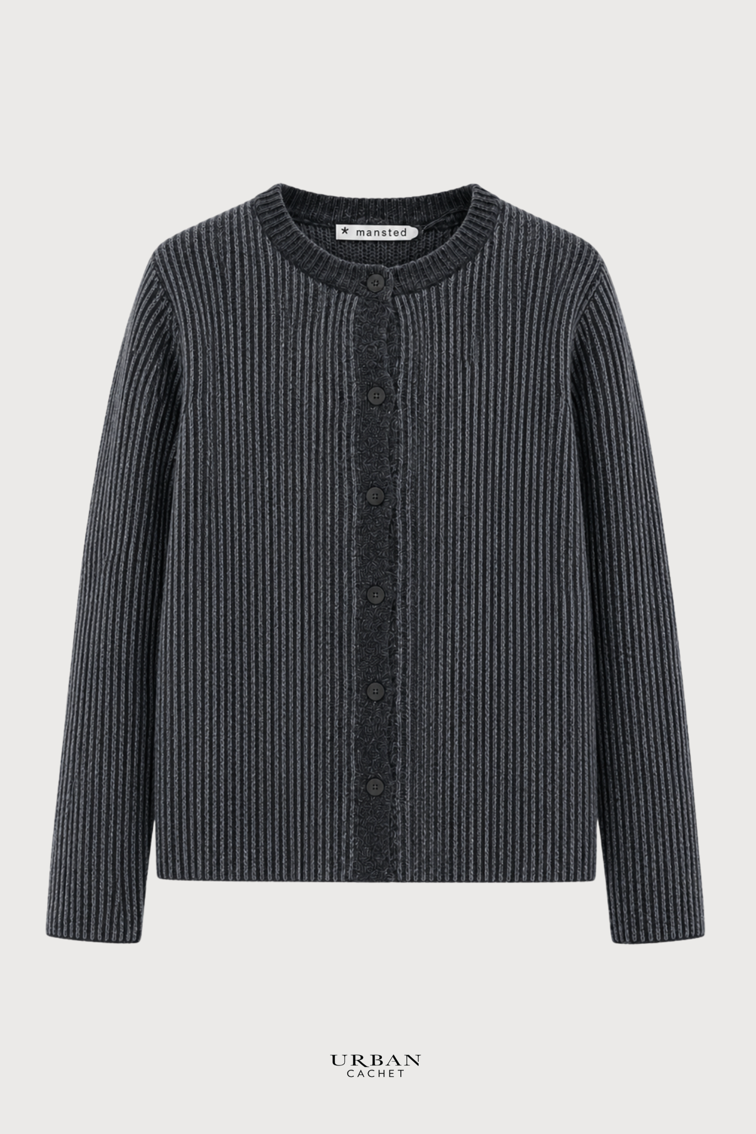 Mansted Denmark Sol Lambswool Behind Bars Crew Cardigan in Dark Charcoal