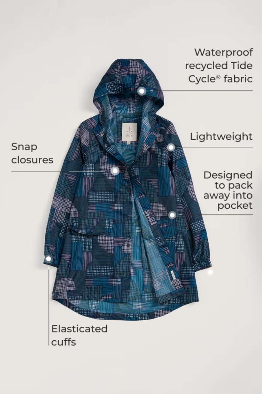 Seasalt Cornwall Packable Raincoat in Inked Patchwork Maritime