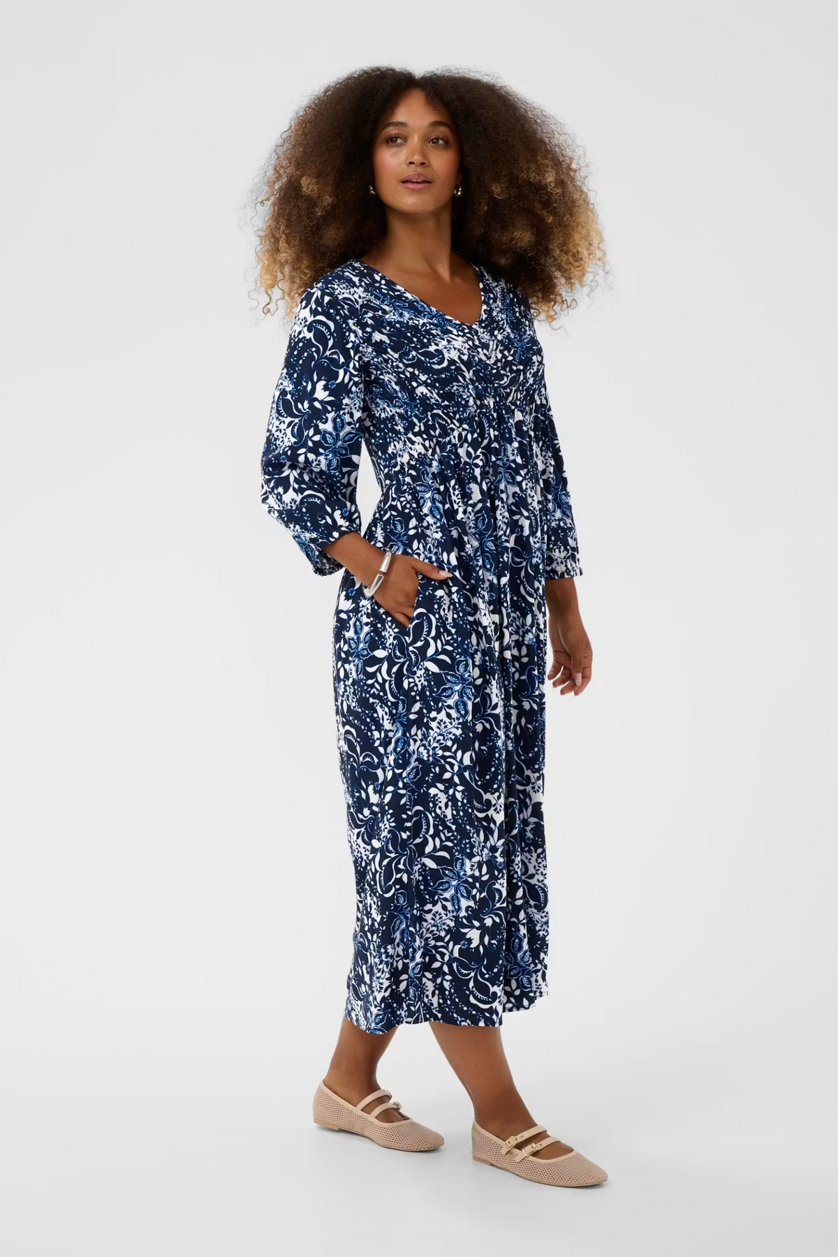 Cream Clothing Tiah Smock Dress in Navy Blue Toile
