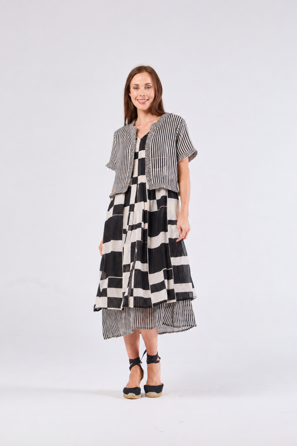 Au Hasard D'un Voyage Frill Seeker Short Cardi in Black Taupe Stripe