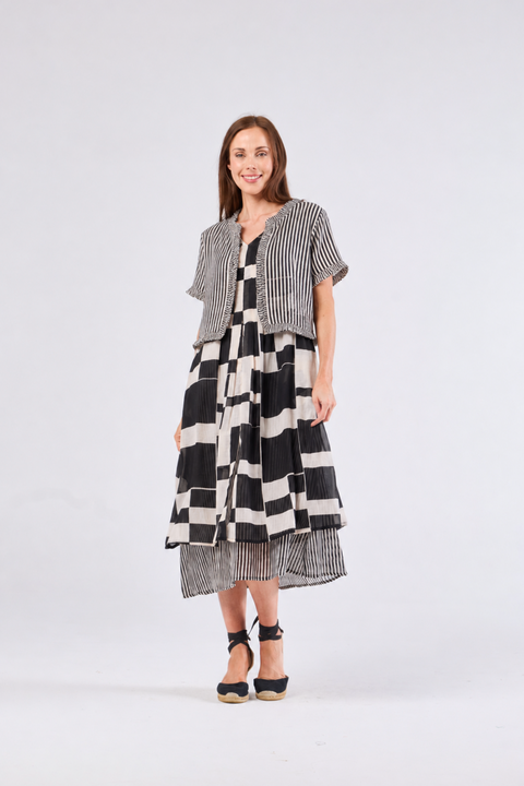 Au Hasard D'un Voyage Frill Seeker Short Cardi in Black Taupe Stripe