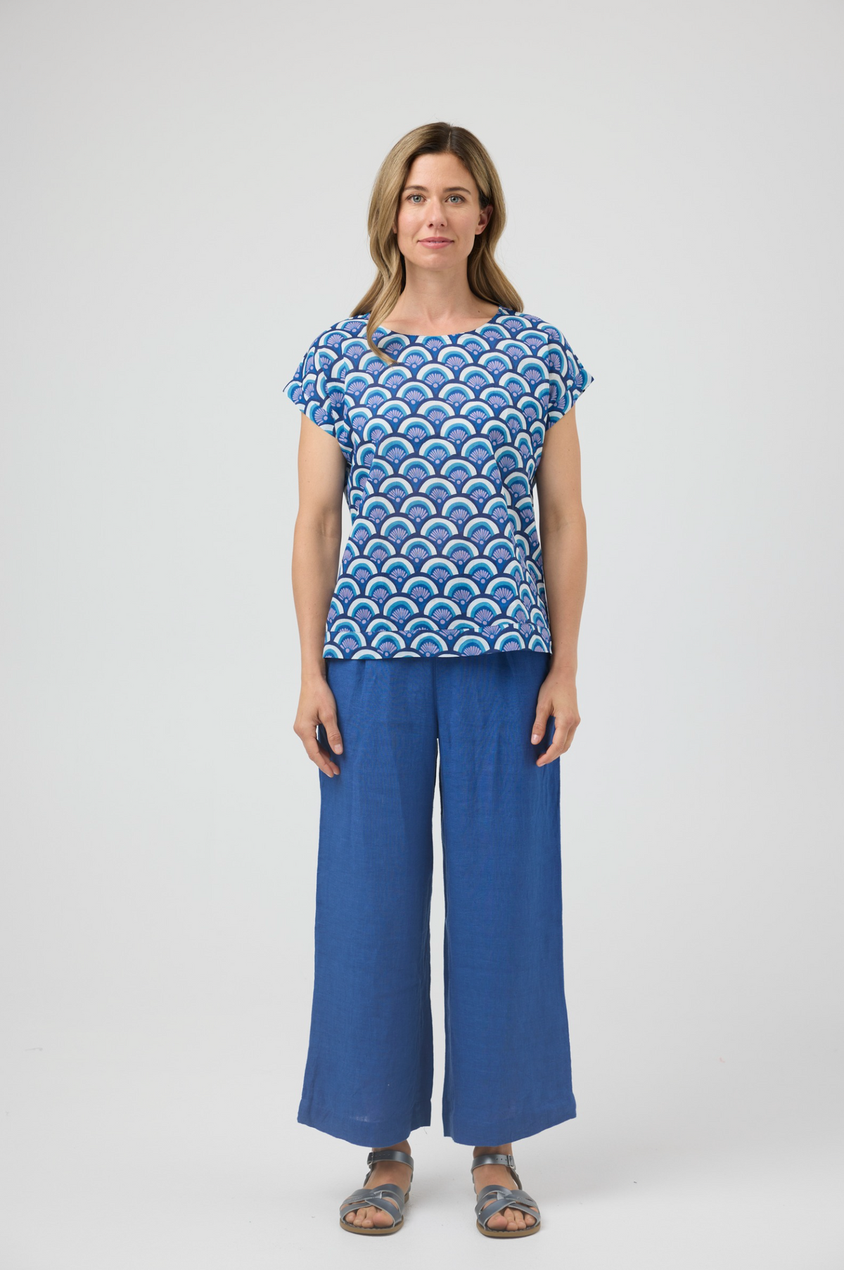 CAKE Vicky Round Neck Cotton Top in Blue Arches