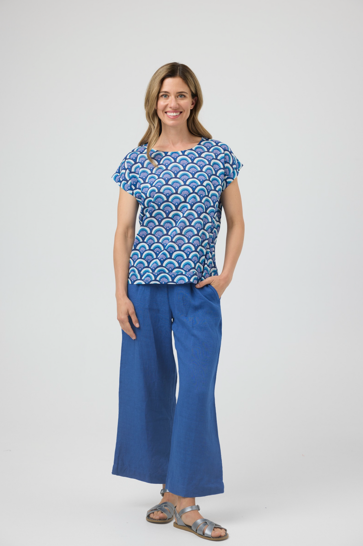 CAKE Vicky Round Neck Cotton Top in Blue Arches
