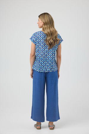CAKE Vicky Round Neck Cotton Top in Blue Arches
