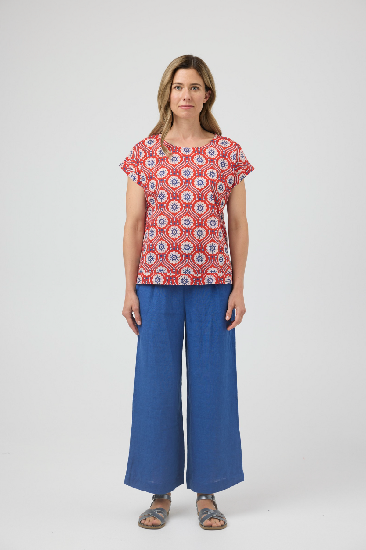 CAKE Vicky Round Neck Cotton Top in Red Folk