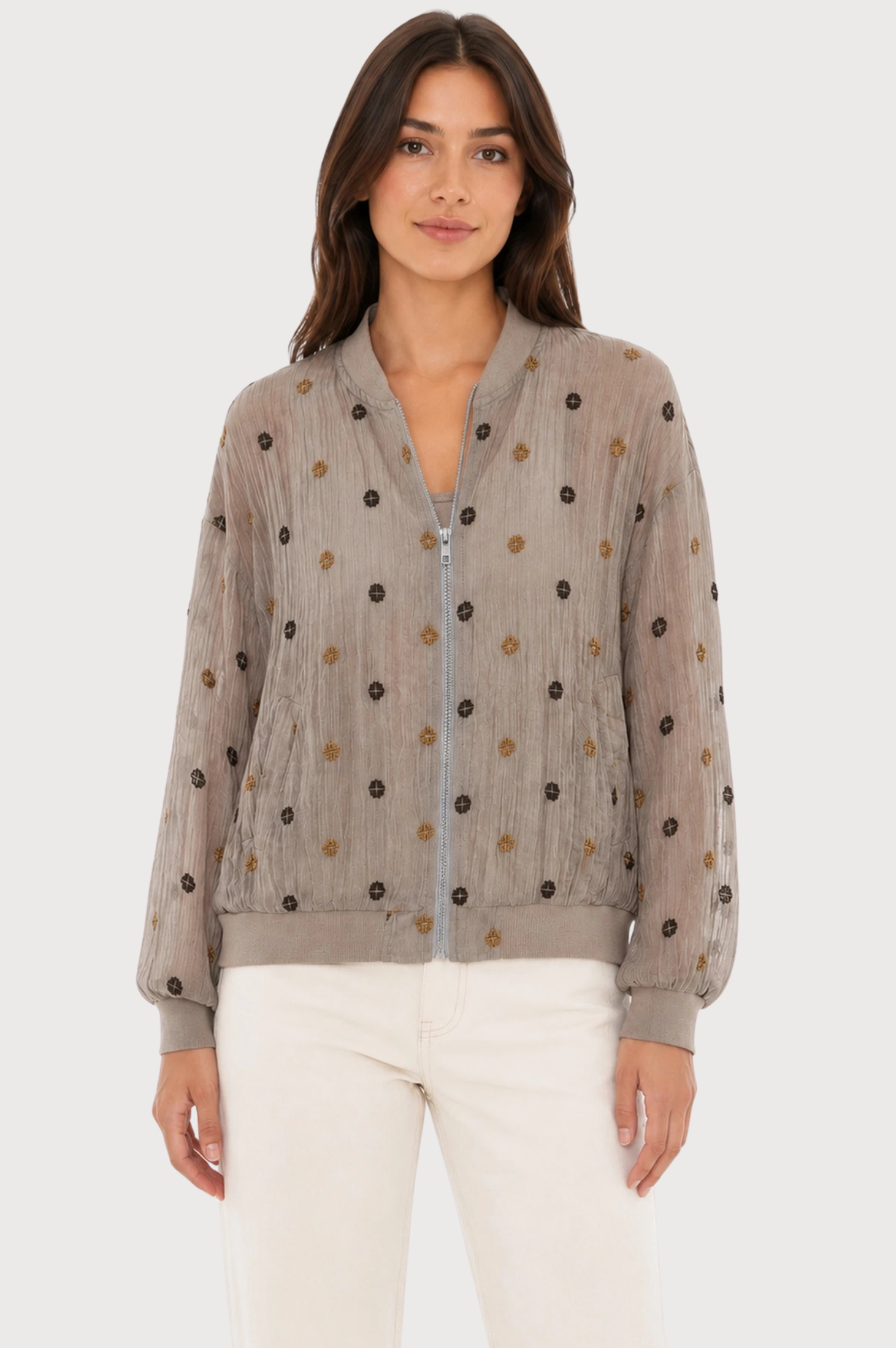 JJ Sisters Sienna Silk Blend Bomber Jacket in Taupe