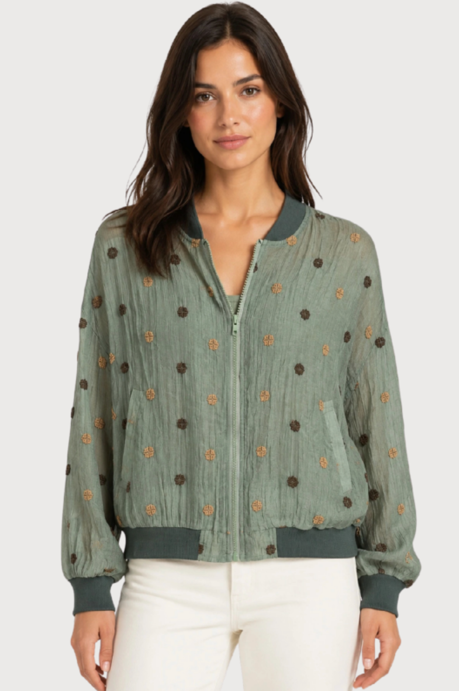 JJ Sisters Sienna Silk Blend Bomber Jacket in Sage