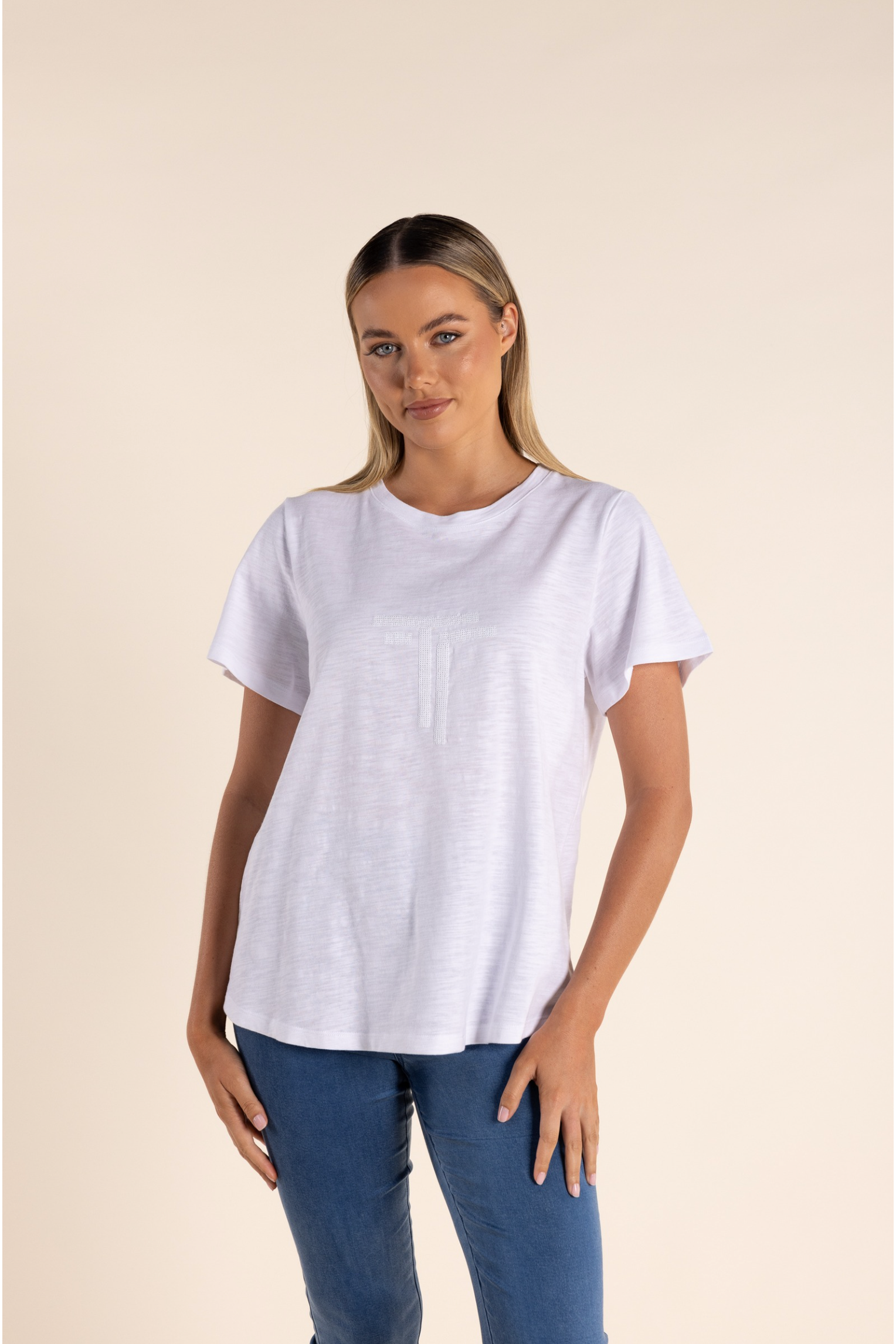 Two T's Sequin Crew Tee in White