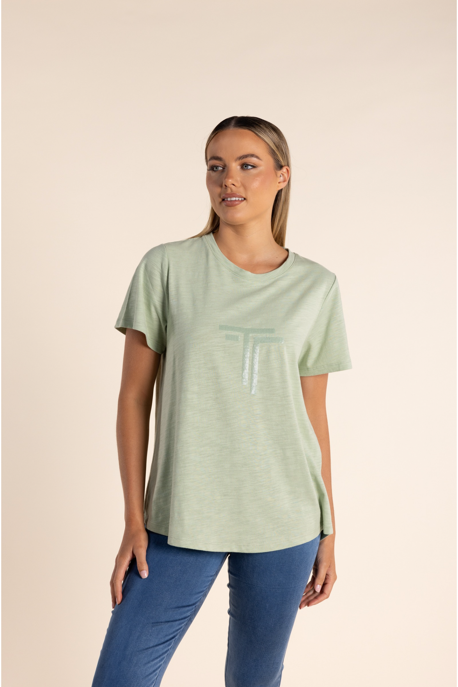 Two T's Sequin Crew Tee in Soft Green