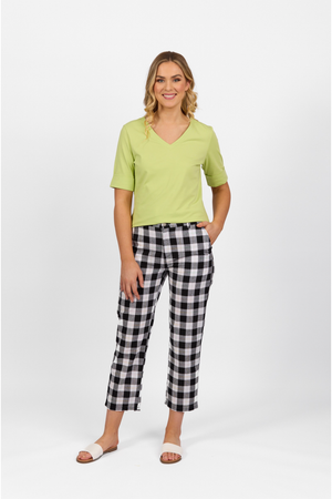 Vassalli Slim Leg 7/8 Pant With Fly and Elastic Back Waistband in Rainbow Check