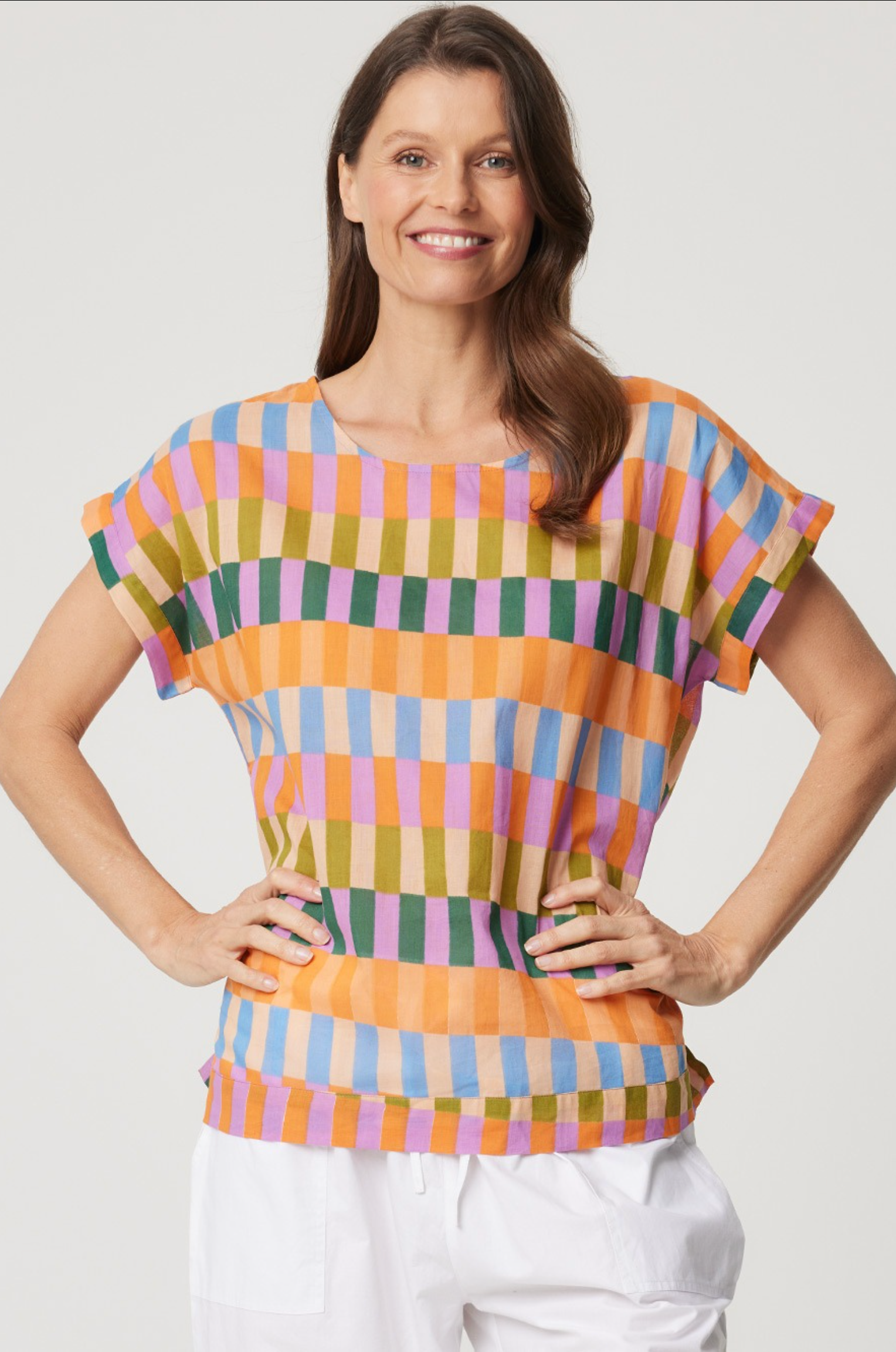 CAKE Vicky Round Neck Cotton Top Rainbow Block