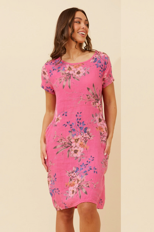 Bottega Moda Short Sleeve Linen Floral Print Dress in Fuchsia