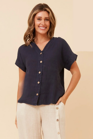 Bottega Moda Short Sleeve V Neckline Linen Top in Navy