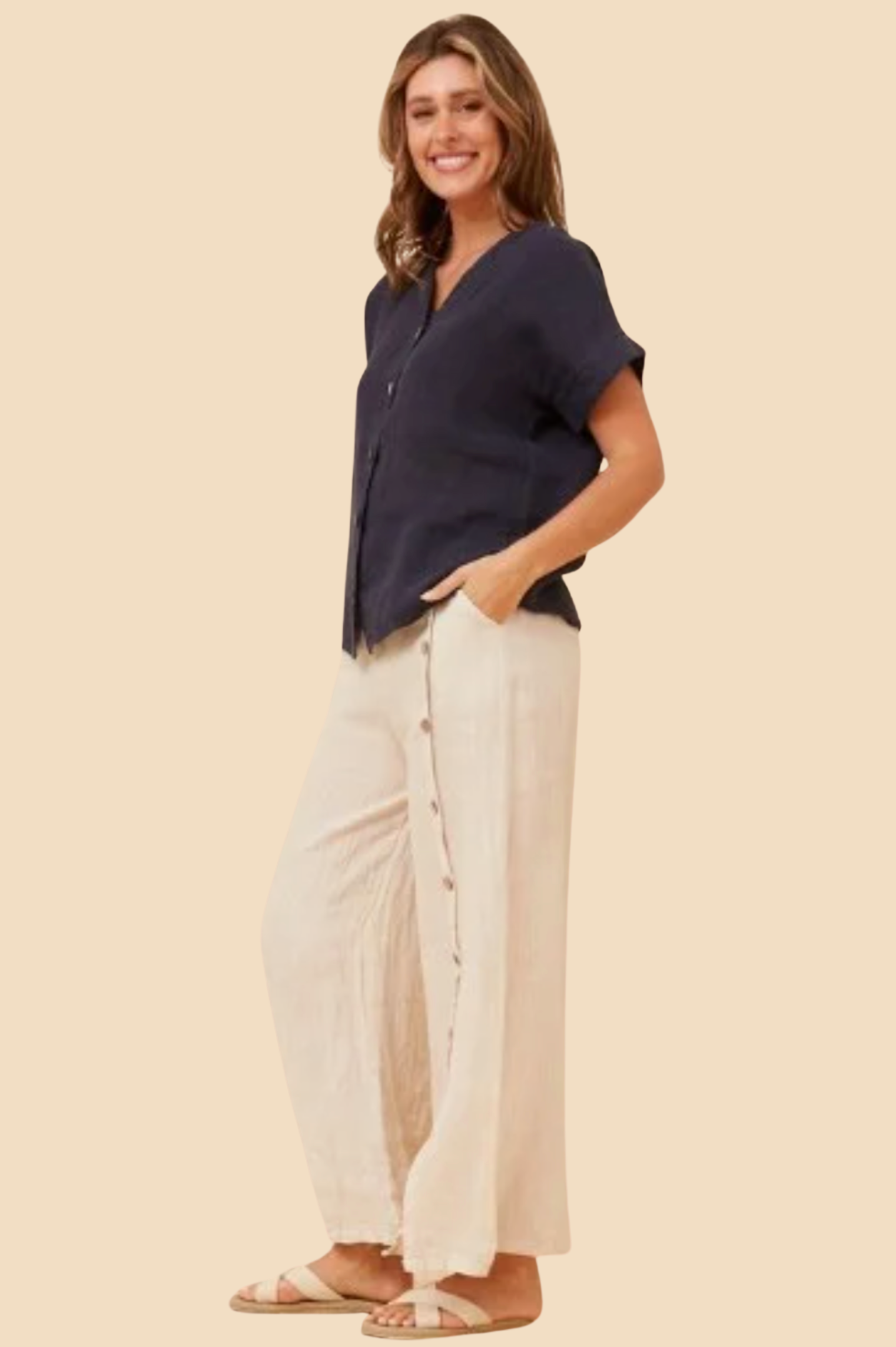 Bottega Moda Short Sleeve V Neckline Linen Top in Navy