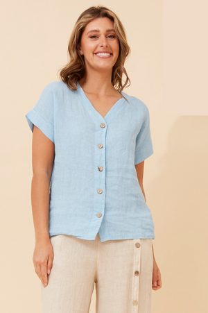 Bottega Moda Short Sleeve V Neckline Linen Top in Blue