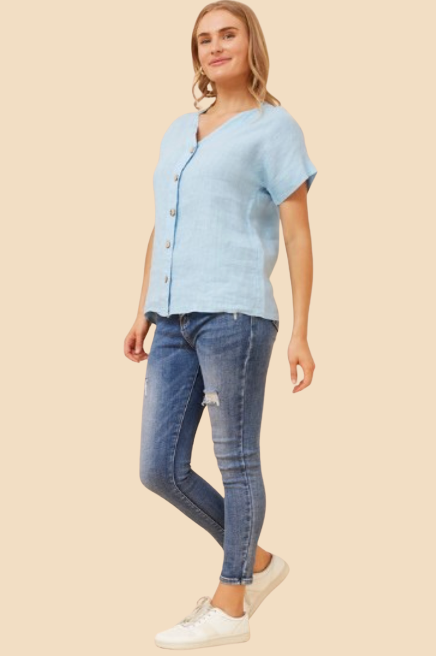 Bottega Moda Short Sleeve V Neckline Linen Top in Blue