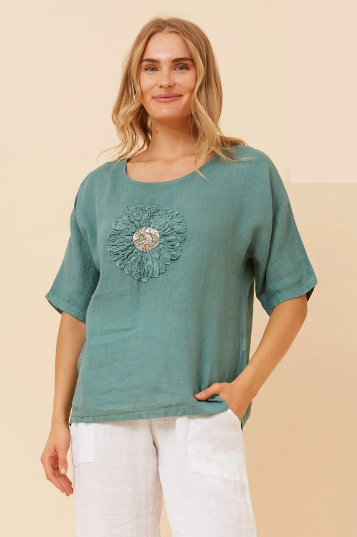 Bottega Moda Short Sleeve Floral Applique Top in Tiffany Blue