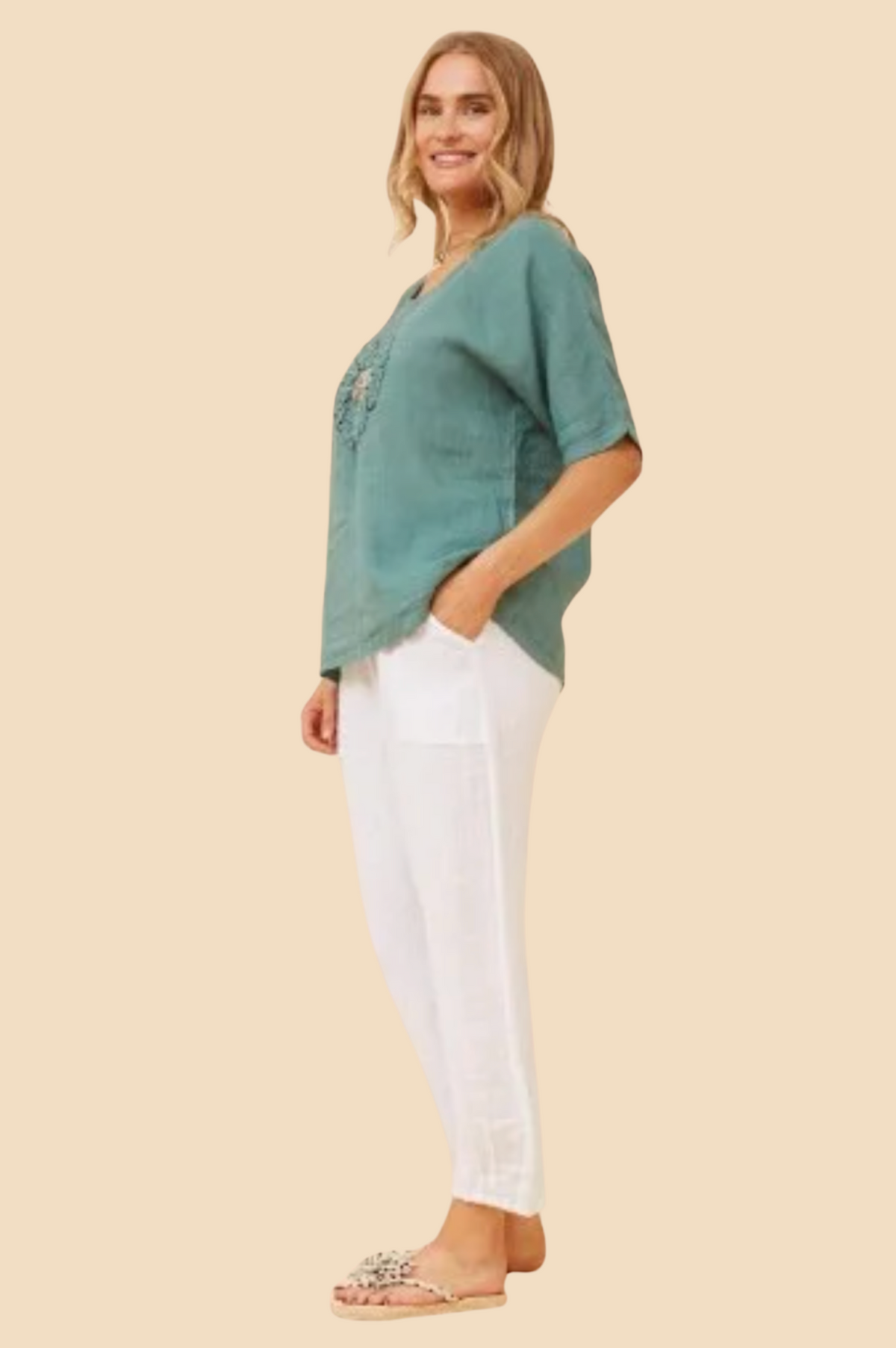 Bottega Moda Short Sleeve Floral Applique Top in Tiffany Blue