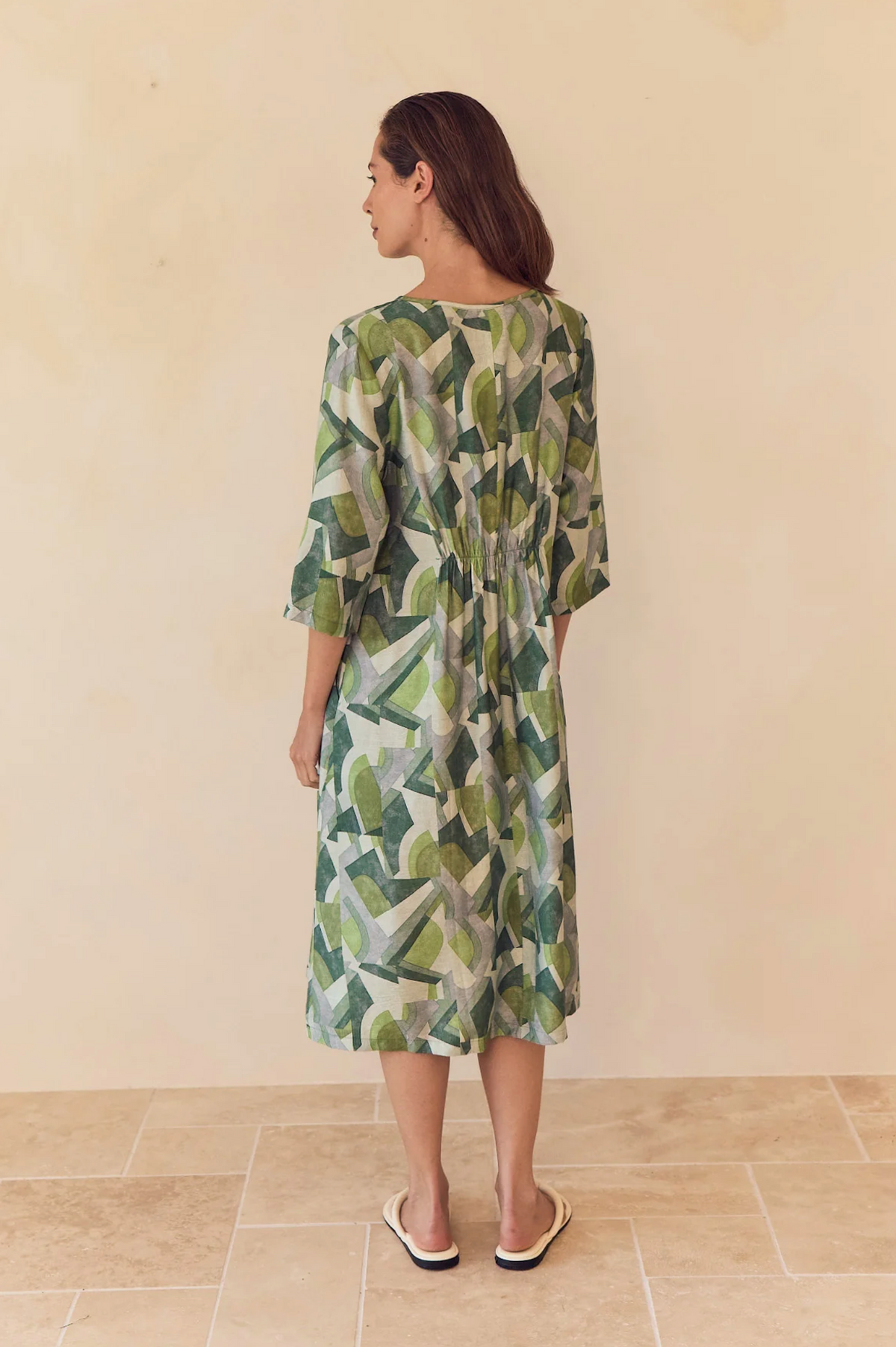 Tirelli Curve Seam Print Dress in Green Geometric