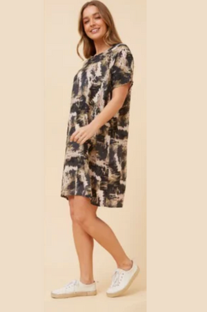Caroline Morgan Cotton Mix Printed Sundress in Stormy Abstract
