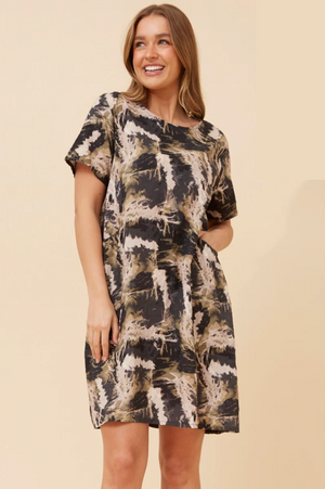 Caroline Morgan Cotton Mix Printed Sundress in Stormy Abstract