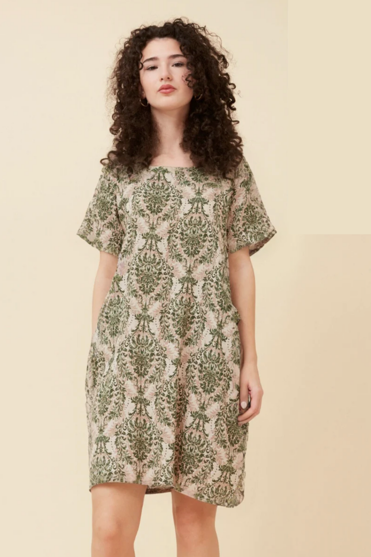 Caroline Morgan Cotton Mix Printed Sundress in Olive Filagree