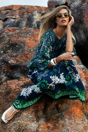 oneseason Jackie Print Isola Sushi Voile in Navy Green