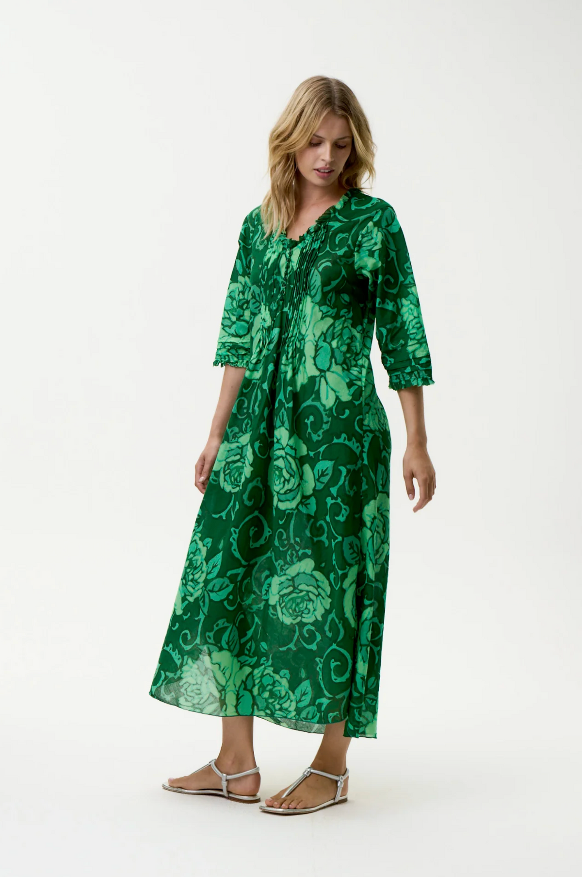 Oneseason Long Poppy Dress in Emerald Coast Cotton Green